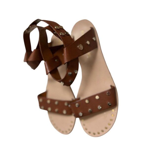 Russell Bromley London Ankle Sandals Brown Leather Gold Coin Greek Style - Picture 7 of 13